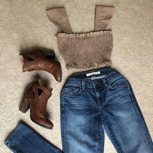 PLT brown shirred frill hem crop top size 4